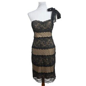 Betsey Johnson 90s Vintage Black Tan Lace Overlay One Shoulder Dress USA